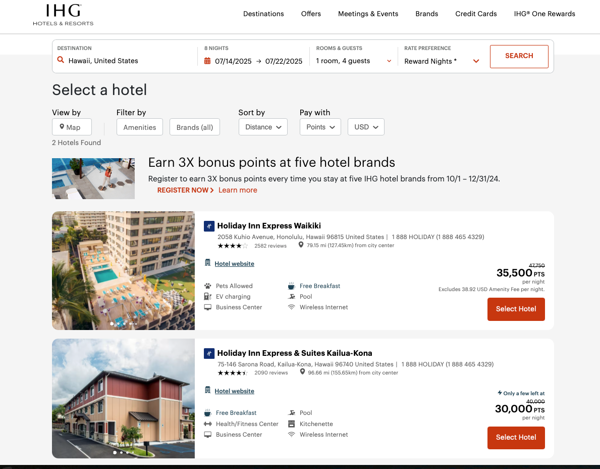 ihg website to show how you can book a hotel in hawaii for less than 40K IHG points per night