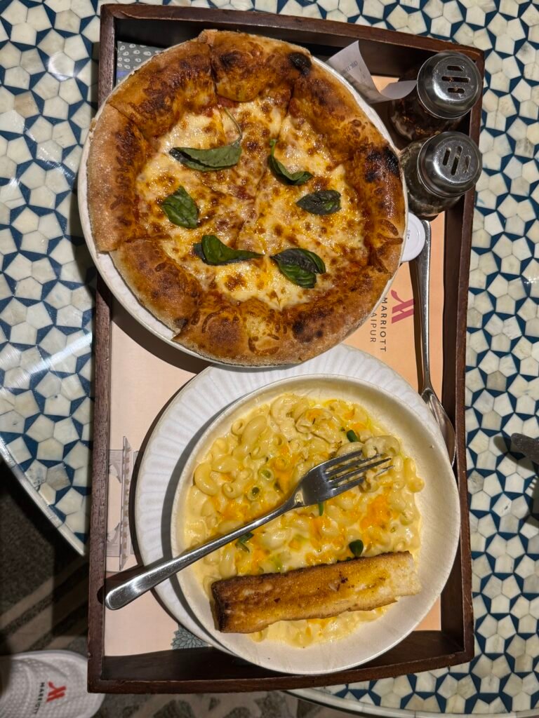 margherita pizza and mac and cheese in India, food options for kids traveling in India